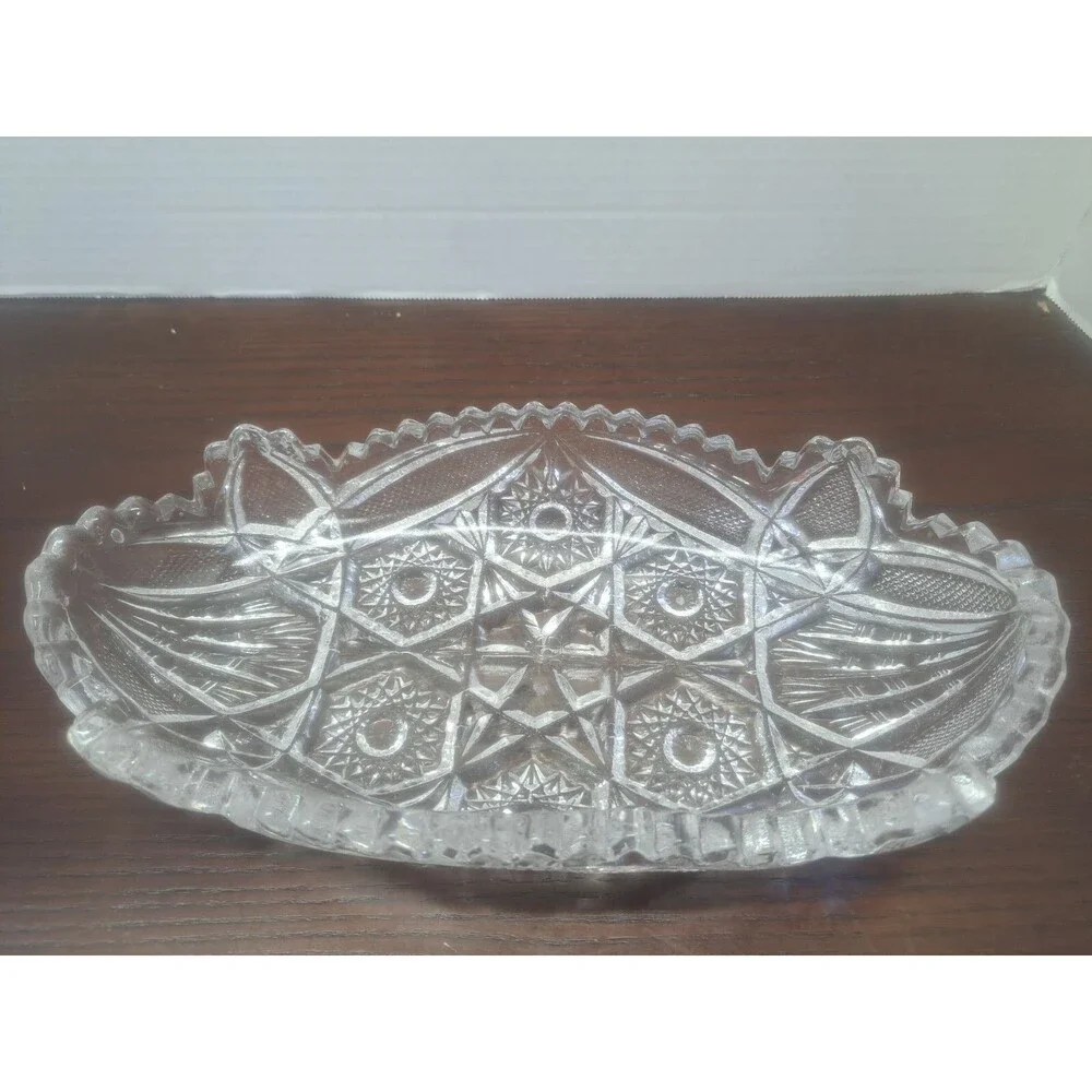 Vintage Cut Glass Serving Tray With Saw Tooth Rim